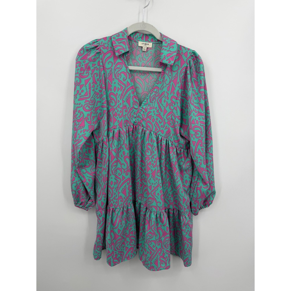 Umgee‎ two tone print Babydoll tiered Dress S Teal Magenta Abstract Long Sleeve